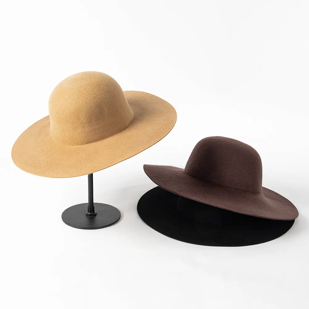 

Autumn Winter New Fashion Casual Women's Round Top Wide Brim Wool Felt Hat Outdoor Shopping Concave Shape Warm Felt Hat