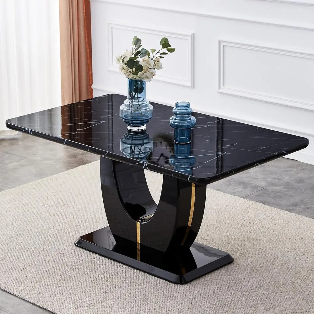 

63 Marble Effect Dining Table with Thick MDF Top, Rounded Edges, Stable Pedestal Base for Dining Room (Black, New)