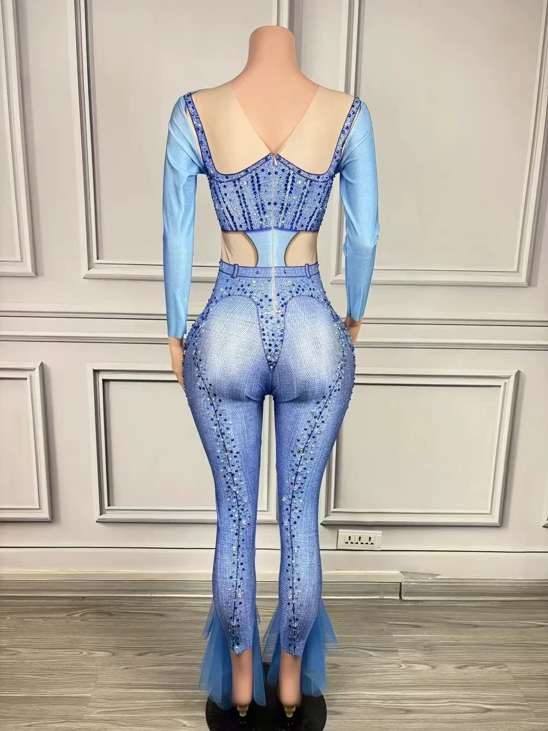 Women Pink Blue Rhinestones Fake Leaky Denim Printed Jumpsuit Women Gogo Dance Outfit Bar Nightclub Dj Ds Drag Queen Clothing