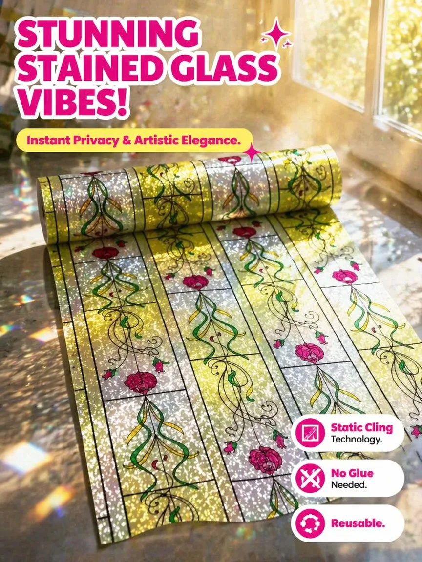 Rose Pattern Frosted Privacy Window Film Static Cling No Glue UV Block Heat Control for Home Office Bathroom Glass Door