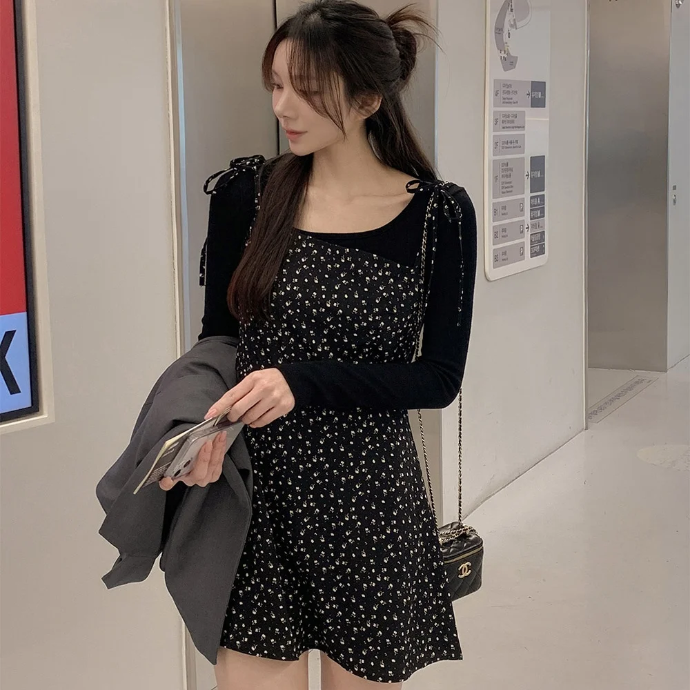 

Шикарное платье с высокой талией и цветочным принтом для женщин, уличное летнее модное платье, корейское весеннее платье...