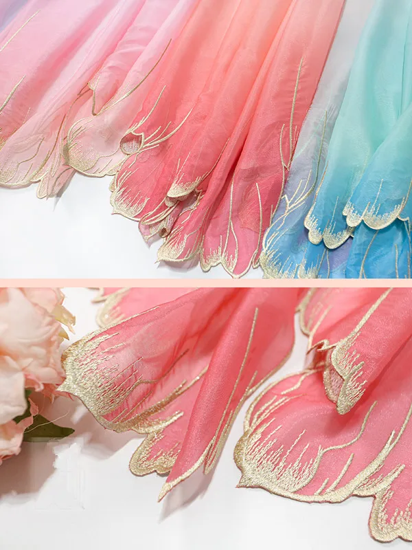 embroidery green blue Gradient color soft  fabric DIY hanfu shirts doll cloth (Repair the fabric edges by yourself)