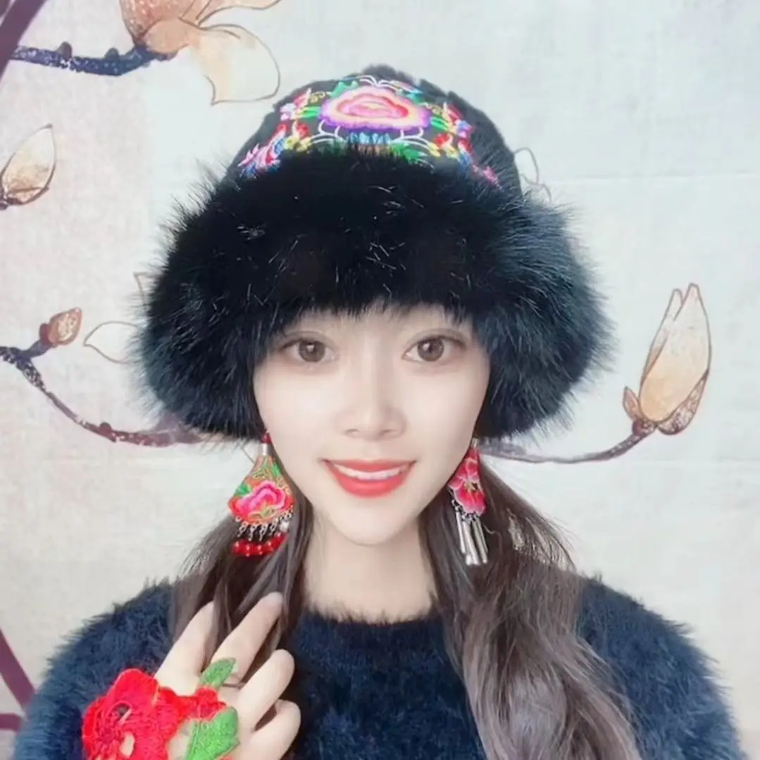

New Ethnic Hats White Black Dancing Performance Caps Autumn Thick Elegant Embroidered Mink Keep Warm Hat Specialty Tourist Cap