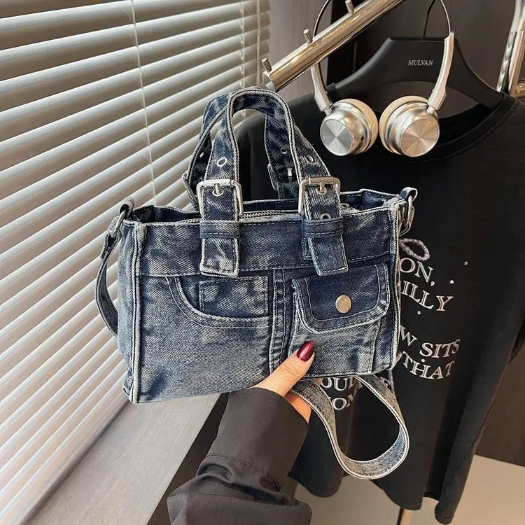 الرجعية الدنيم زر حقيبة يد المرأة مربع سعة كبيرة حقيبة كتف المرأة Harajuku عادية تنوعا اليومية حقائب كروسبودي 2025 #1