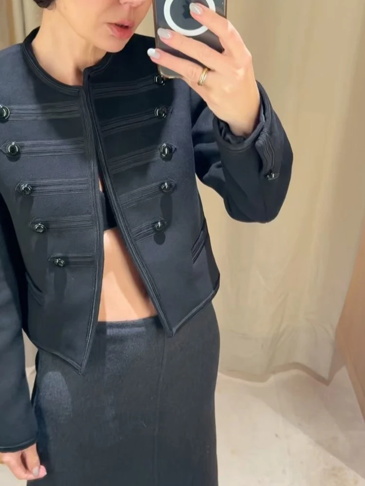 

Элегантная укороченная куртка на пуговицах для женщин, тонкое черное пальто с круглым вырезом и длинными рукавами, женское пальто 2026, весенняя женская мода, новая верхняя одежда
