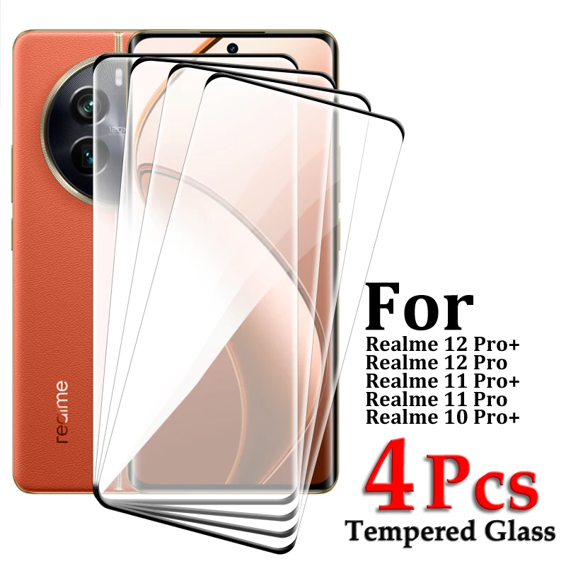 4/3/2PCS For Realme 12 Pro+ Tempered Glass For Realme 10 11 12 Pro Plus Screen Protector 3D Curved Full Cover Protective Glass