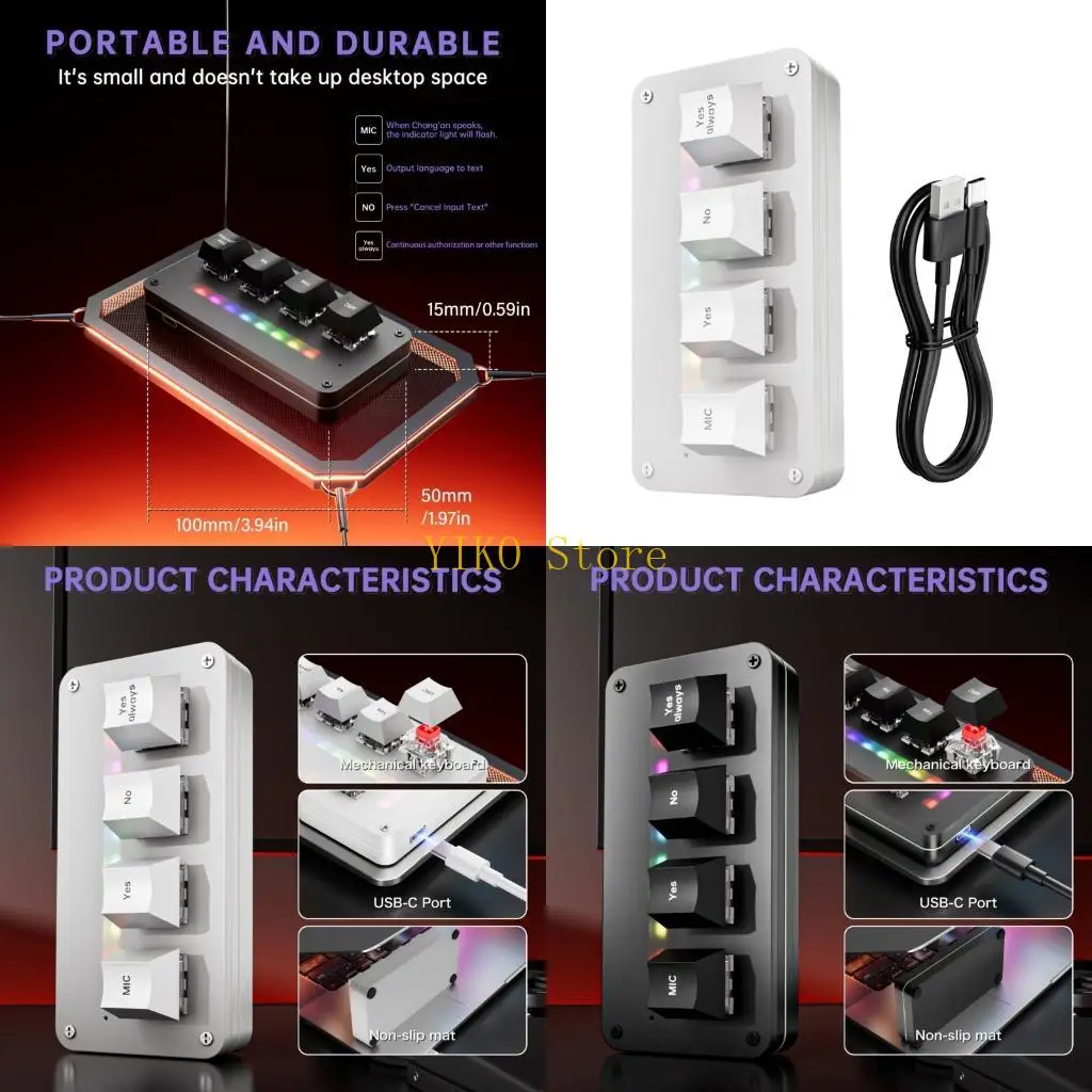 K32C 4 Button Wireless Keypad with Light Bar, Cable Link and Wireless Computer Input Control for Daily Desktop Command