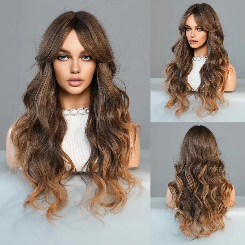 Long wavy hair with parted bangs synthetic fiber high-temperature hairpiece