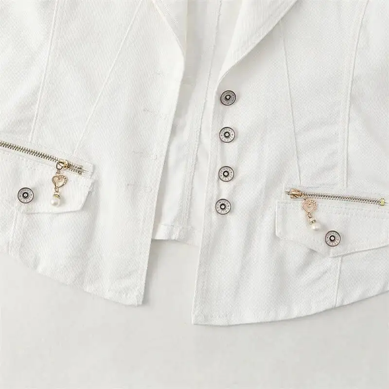 كاوبوي سترة المرأة ربيع الخريف الأبيض سترات الدنيم 2025 جديد معطف قصير موضة سستة جيب أكمام صدرية سترة الإناث #5