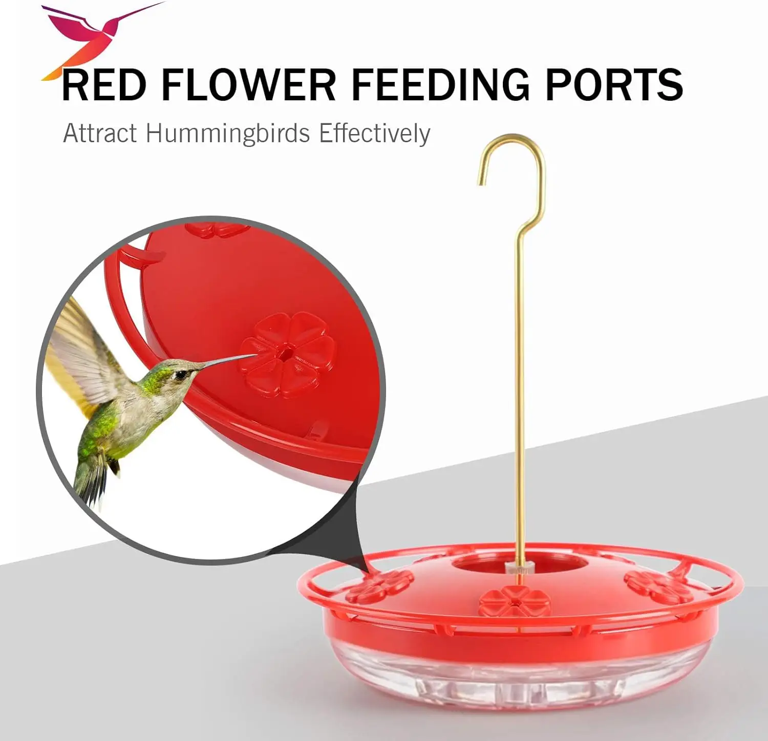 Hummingbird Feeders for Outdoors,Dish-Style Humming Bird Feeder with Built-in Ant Moat, 5 Bee Proof Feeding Ports, Easy Clean