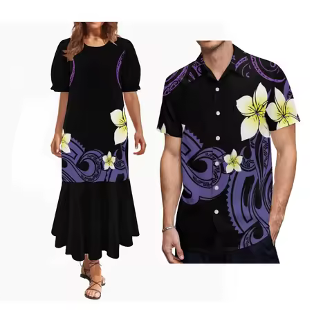 High-Quality Evening Gowns Couple Outfits Customizable Patterns Micronesian Lady Mumu Puffed-Sleeve Long Dress