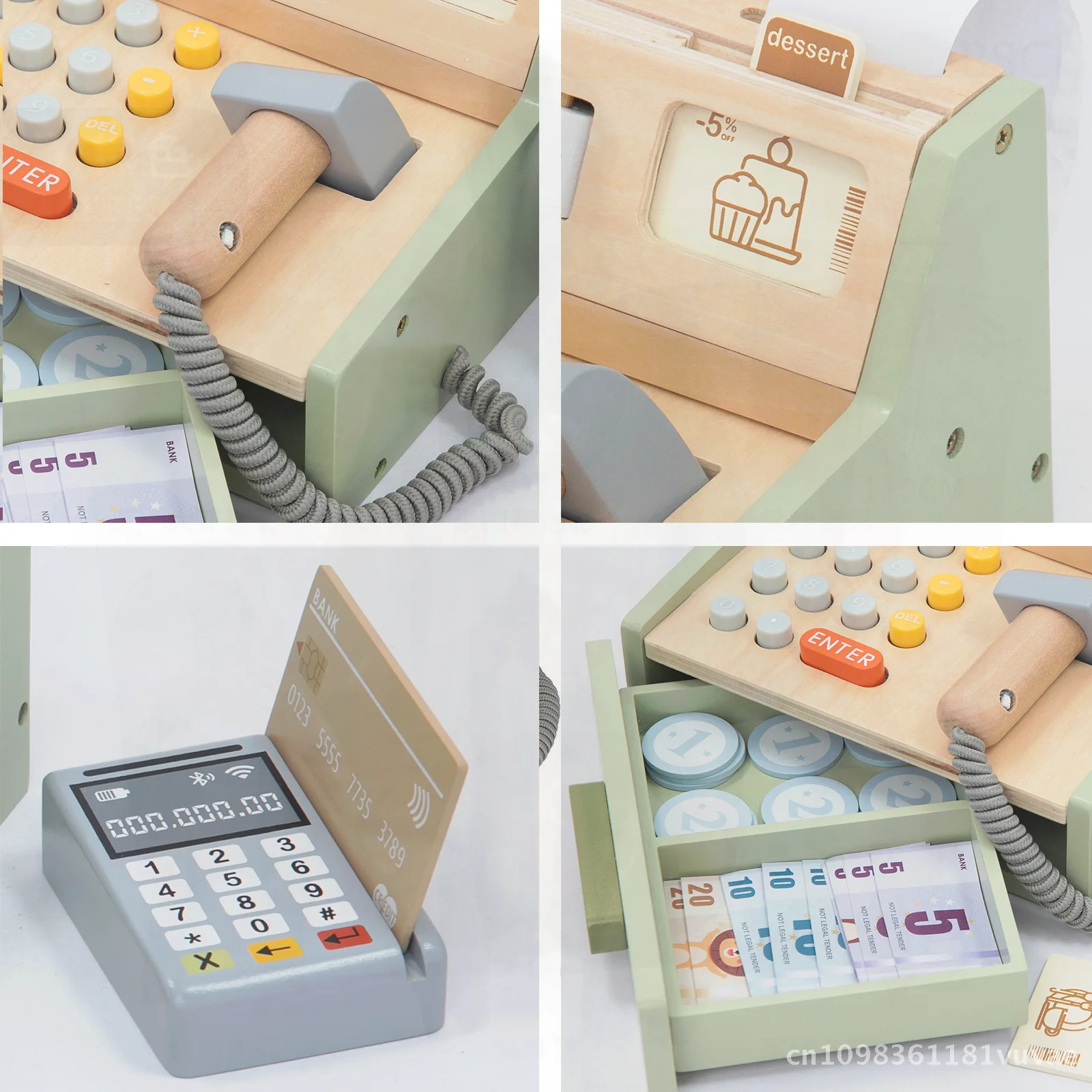 Children's Wooden Cash Register Toy Simulation Supermarket Playhouse Early Education Educational Pretend Play for Boys & Girls