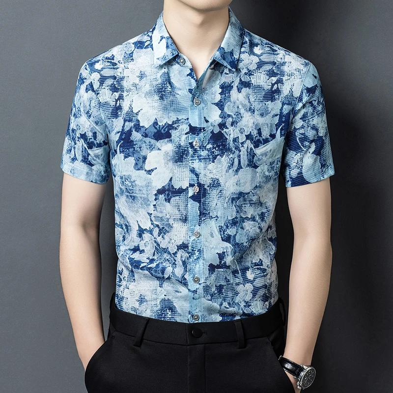 Luxurious Real Silk 100% Shirts For Men Short Sleeve Print Thin Summer Quality Lightweight Skin-Friendly Satin Camisas De Hombre