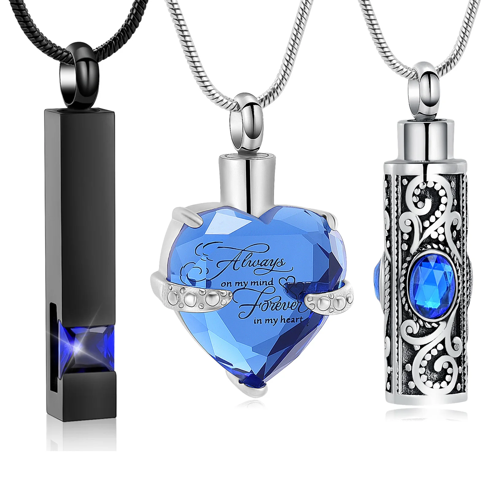 

Three-piece Set With Crystal Urn Cremation Necklace Stainless Steel For Pet/Human Ashes Gift To Family Healing Memorial Jewelry