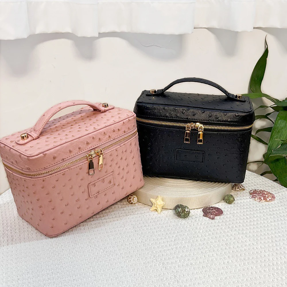 Ostrich Pattern Cosmetic Bag Private Label Vegan Makeup Storage Durable Wholesale Custom Logo Leather Handbag 2colors Packaging