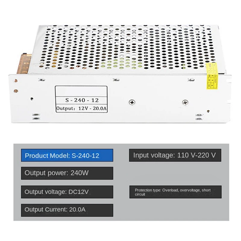 Transformador de potencia de 12V, fuente de alimentación conmutada de 240W, 20a, adaptador de corriente de unidad de barra de luz CC, blanco fácil de usar