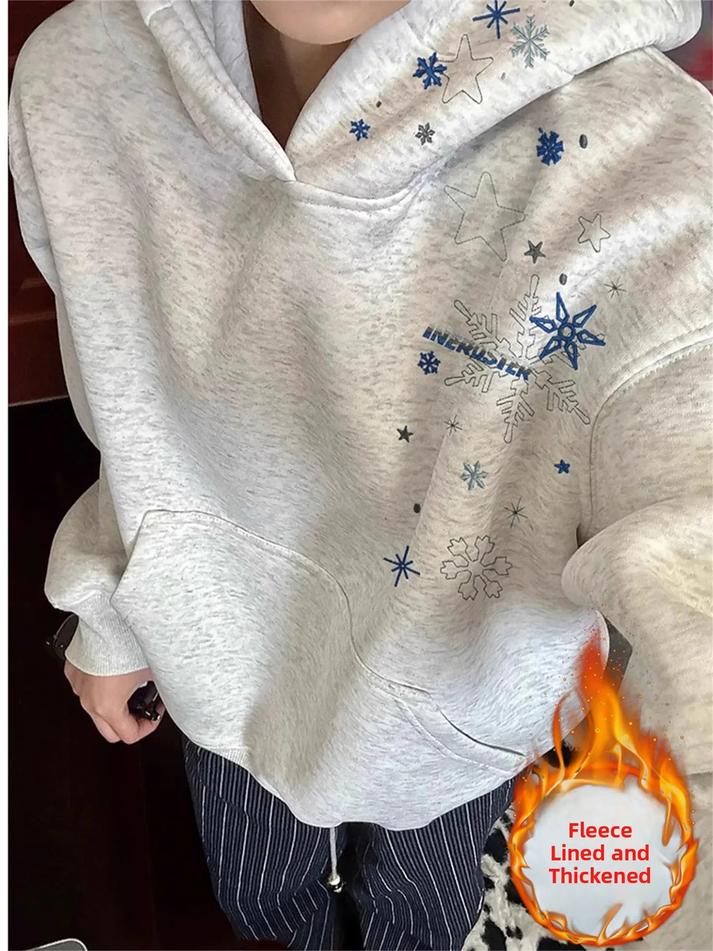 

Толстовка-худи Heavyweight с вышивкой снежинок, утепленная флисом, свободного кроя, в американском стиле, теплая, повседневная.