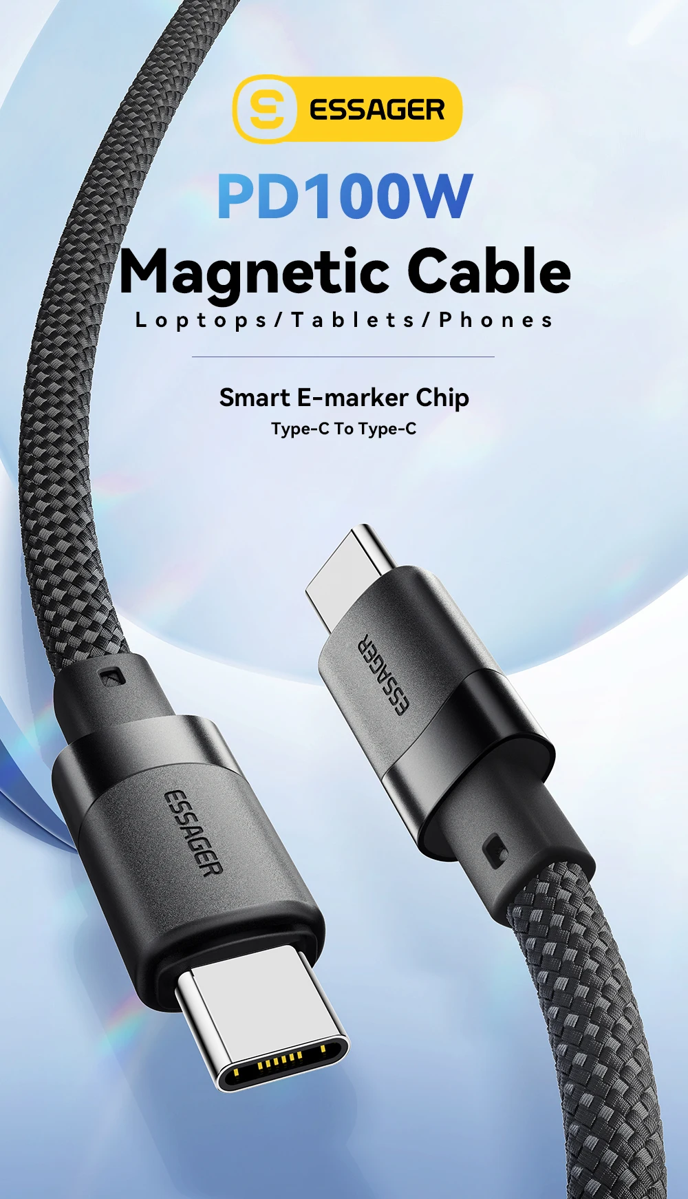 Essager USB C to C 100W Magnetic Fast Charger Cable for iPhone 15 65W Type C to C Data Charging Wire for Laptop Samsung