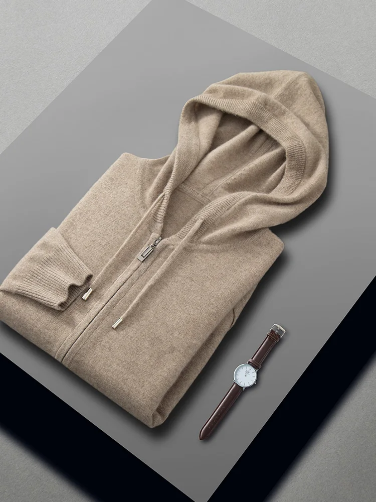 Autumn Winter Men's 100% Cashmere Hoodie Sweater Thick Zipper Cardigan Smart Casual Soft Warm Cashmere Knitted Sweater Coat Tops