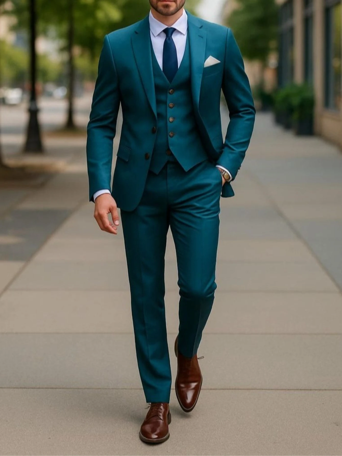

Teal Blue Slim Fit 3-Piece Suit Wedding Tuxedo Custom Tailored