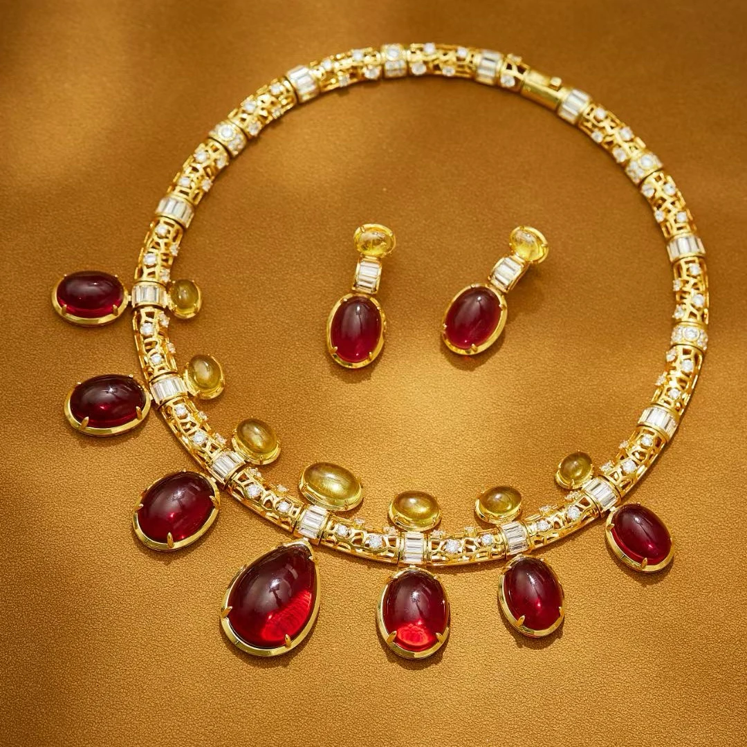 

Luxurious Fashion Golden Fine Jewelry Sets For Women Lady Inlay AAA Cubic Zircon Yellow Red Egg-Shaped Drop Necklace Earrings