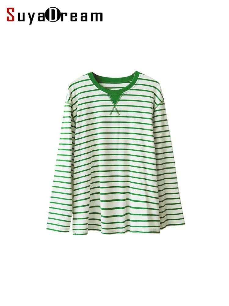 

SuyaDream, Women Strips T Shirt, Round Neck, Long Sleeves Chic Shirt, 2025 Spring Summer Cozy Top, 94%Cotton, Green, Blue, Red