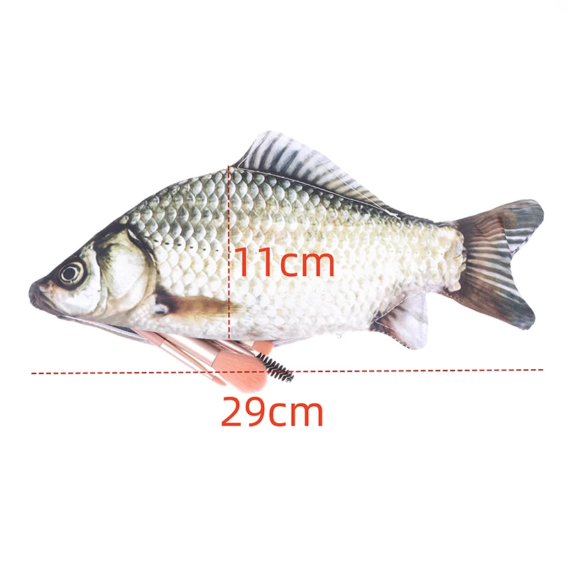 Crucian Carp Pen Bag com Zipper, forma de peixe realista, bolsa de maquiagem, estojo, material escolar