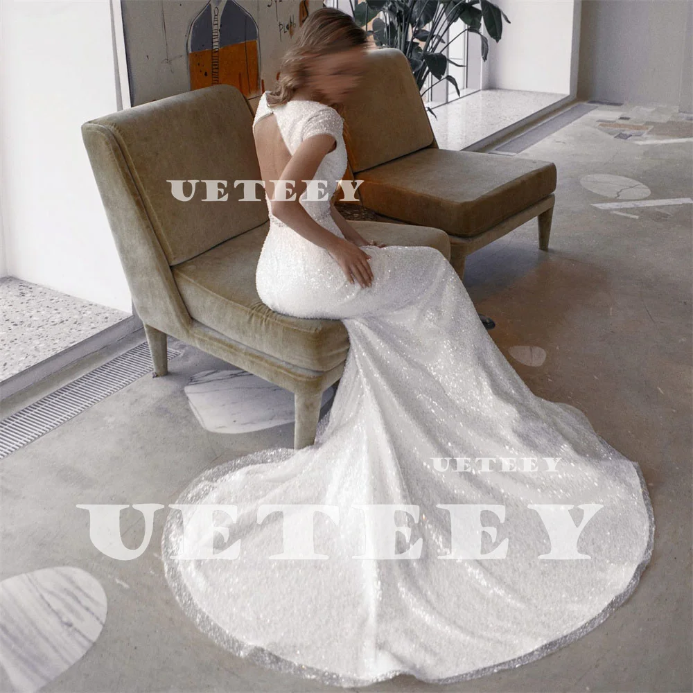 UETEEY Customized V Neck Cap Sleeves Shiny Lace Pleats Mermaid Wedding Dress High Side Slit Open Back Court Train Bridal Gown