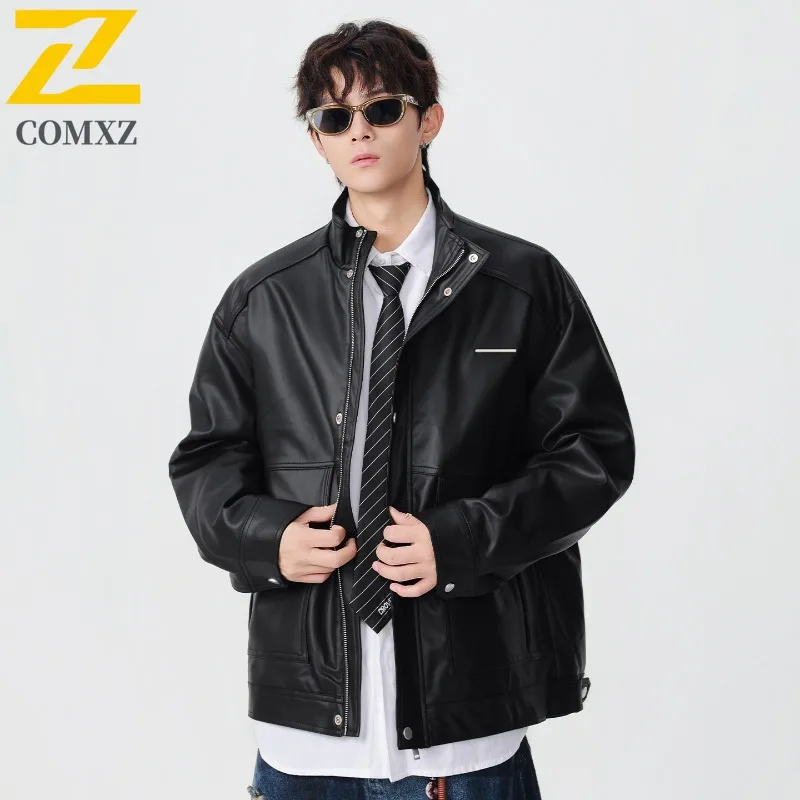 COMXZ 2025 スタンドカラーワークウェアレザージャケット メンズ 秋冬 ビッグポケットワークジャケット トレンド 日本風 ヴィンテージ 価格管理 219
