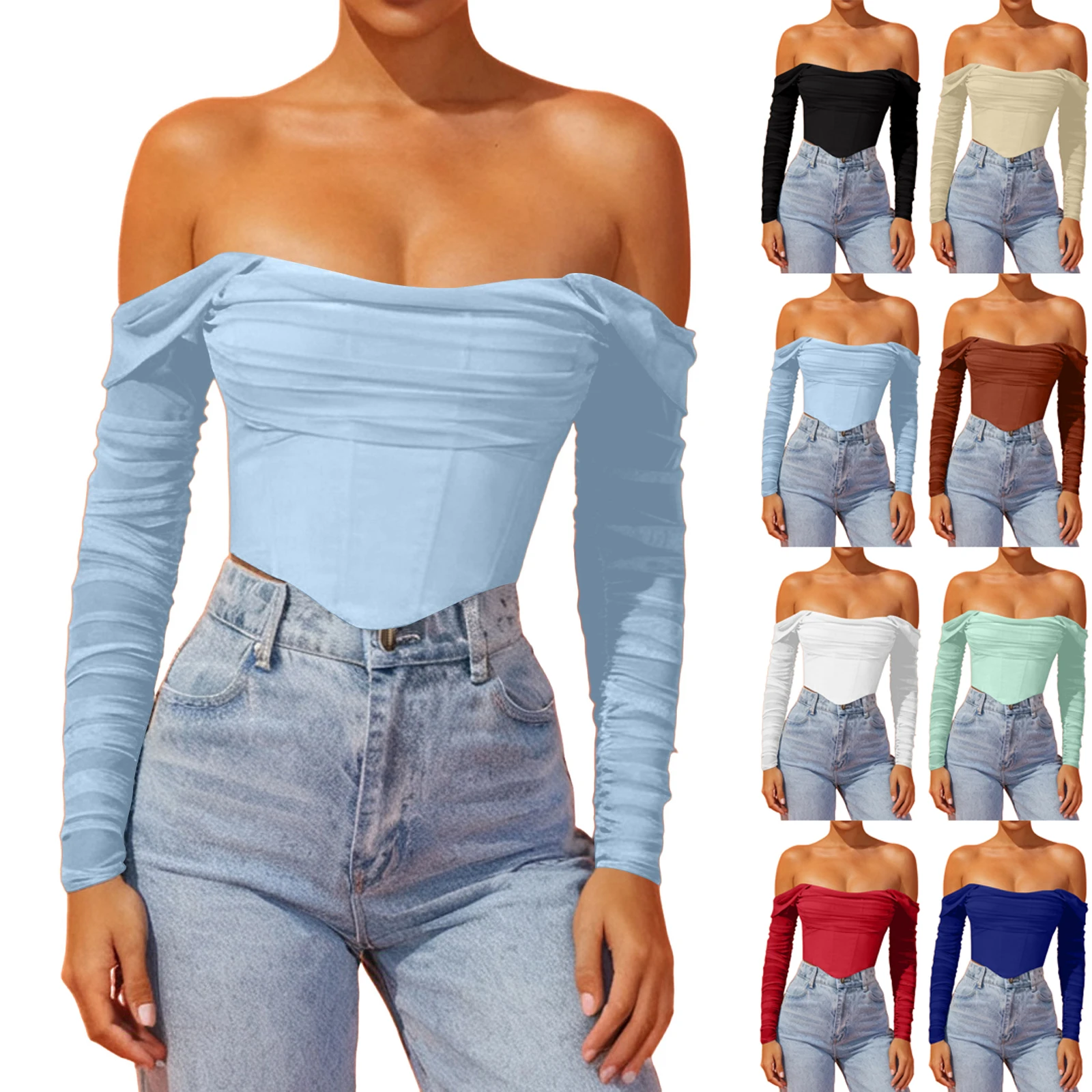 

Women Off Shoulder Tops Blouses Long Sleeve Slim Elegant Shirts Sexy Elegant Streetwear Casual Blouses Y2k Shirts Female