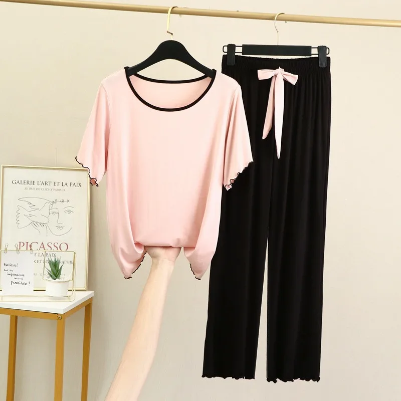 Fdfklak New Modal Loose Home Wear Pijamas Women Short-Sleeved T-Shirt Bow Trousers Suit Casual Two-Piece Pajamas Set