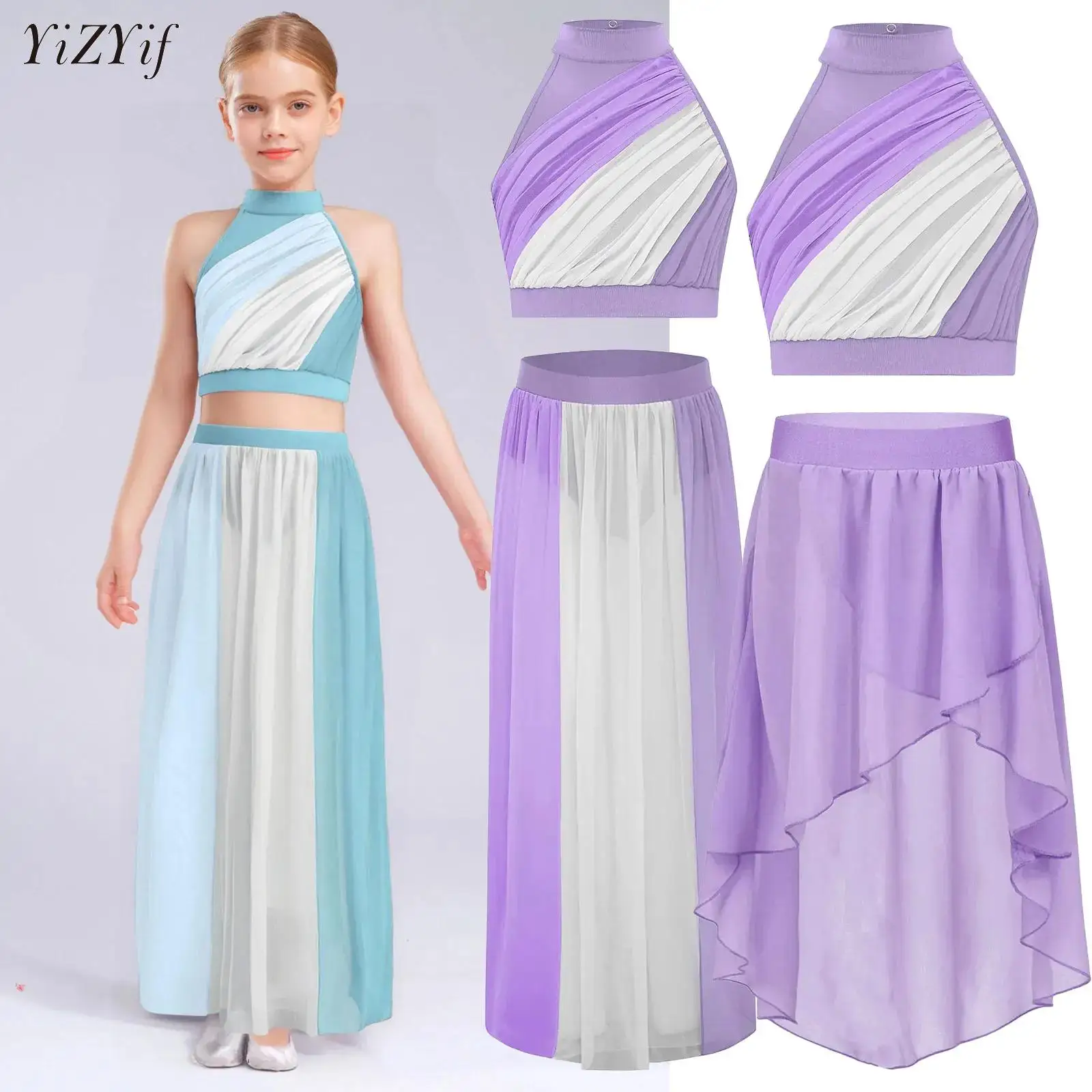 

Kids Girls Lyrical Dance Set Modern Contemporary Competition Costumes Teens Crop Top with Skirted Leotard 2-Piece Ballet Outfits