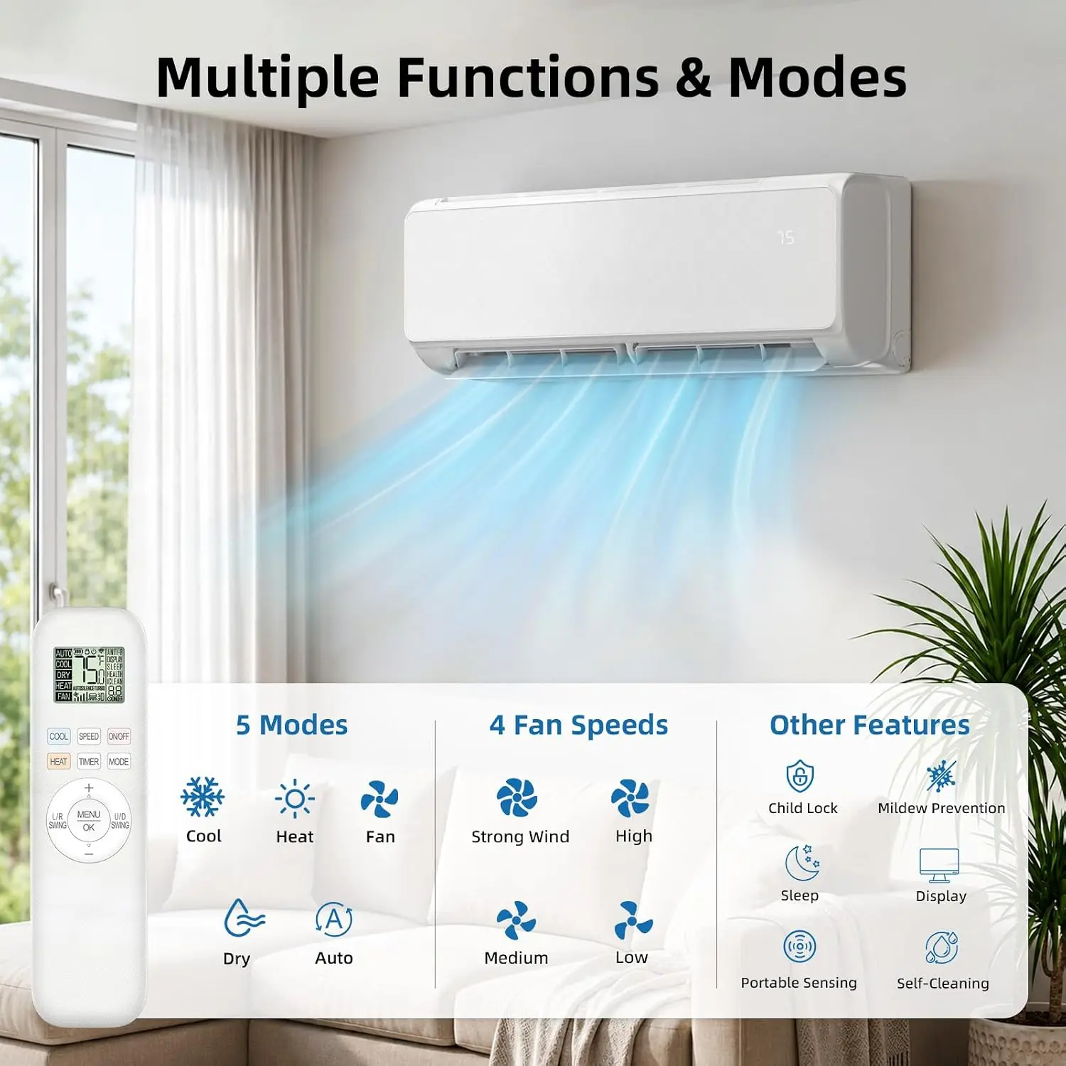 18000 BTU Mini Split AC/Heating System, 19 SEER2 Energy Efficient Mini Split Air Conditioner with Heat Pump, Low Noise,, Custom
