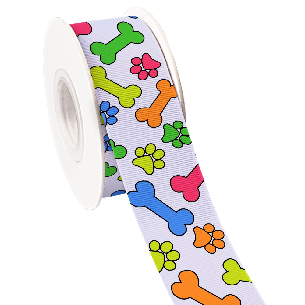 Schattige Cartoon Kleurrijke Hond Paw Bones Patroon Bedrukt Grosgrain Satijn Lint Voor Geschenkverpakking Haarstrik Ambachtelijke Accessoire 50 Meter