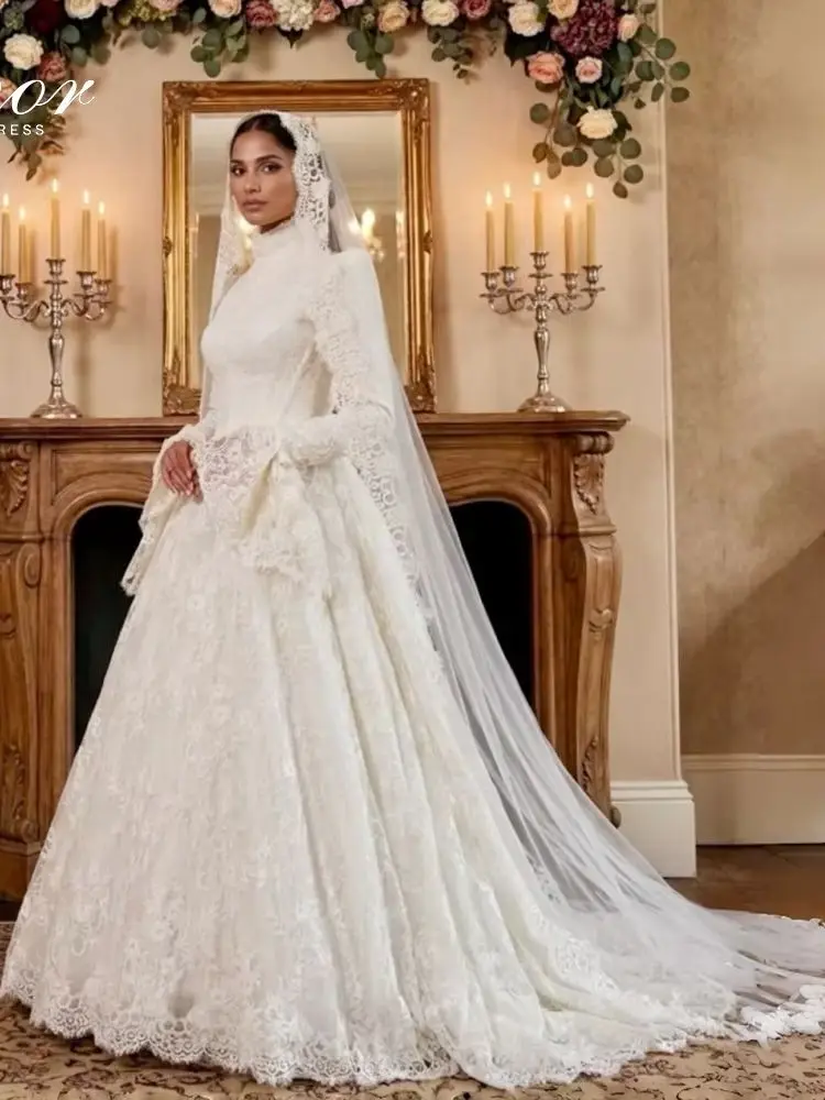 Semor Maßgeschneiderte muslimische Spitzen-Brautkleider mit hohem Kragen, ausgestellten langen Ärmeln, Spitzenapplikationen, A-Linie, Brautkleider, Vestido de Novia
