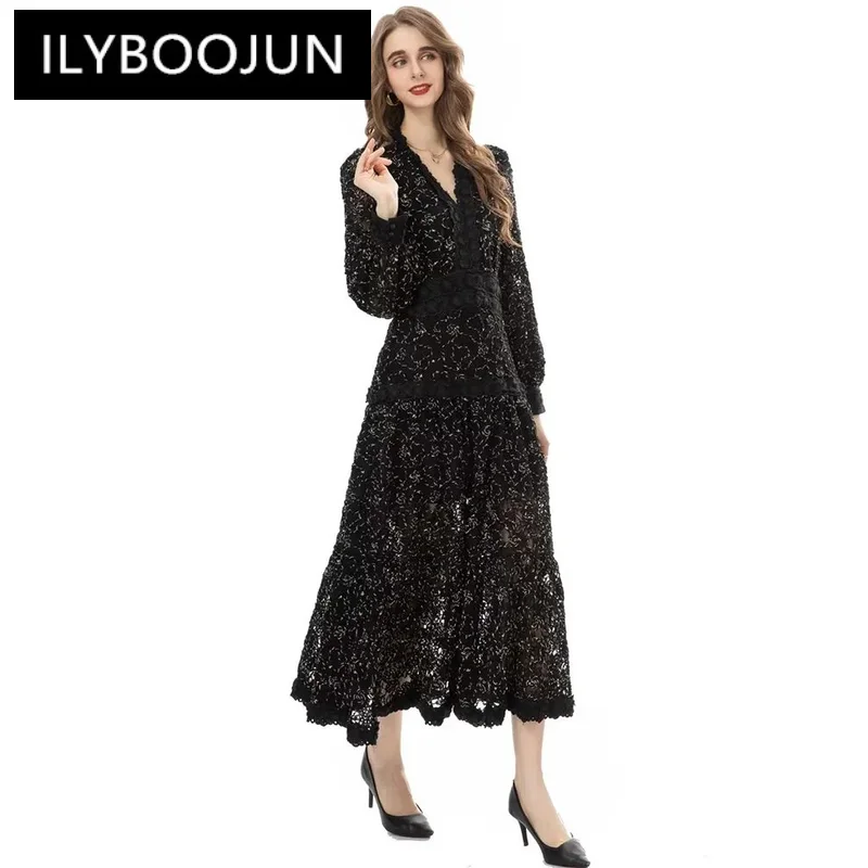 Runway Dress V-neck Lantern sleeve Hollow out Embroidery Vintage Party Midi Dresses For Women 2024 Luxury Brand High Quality