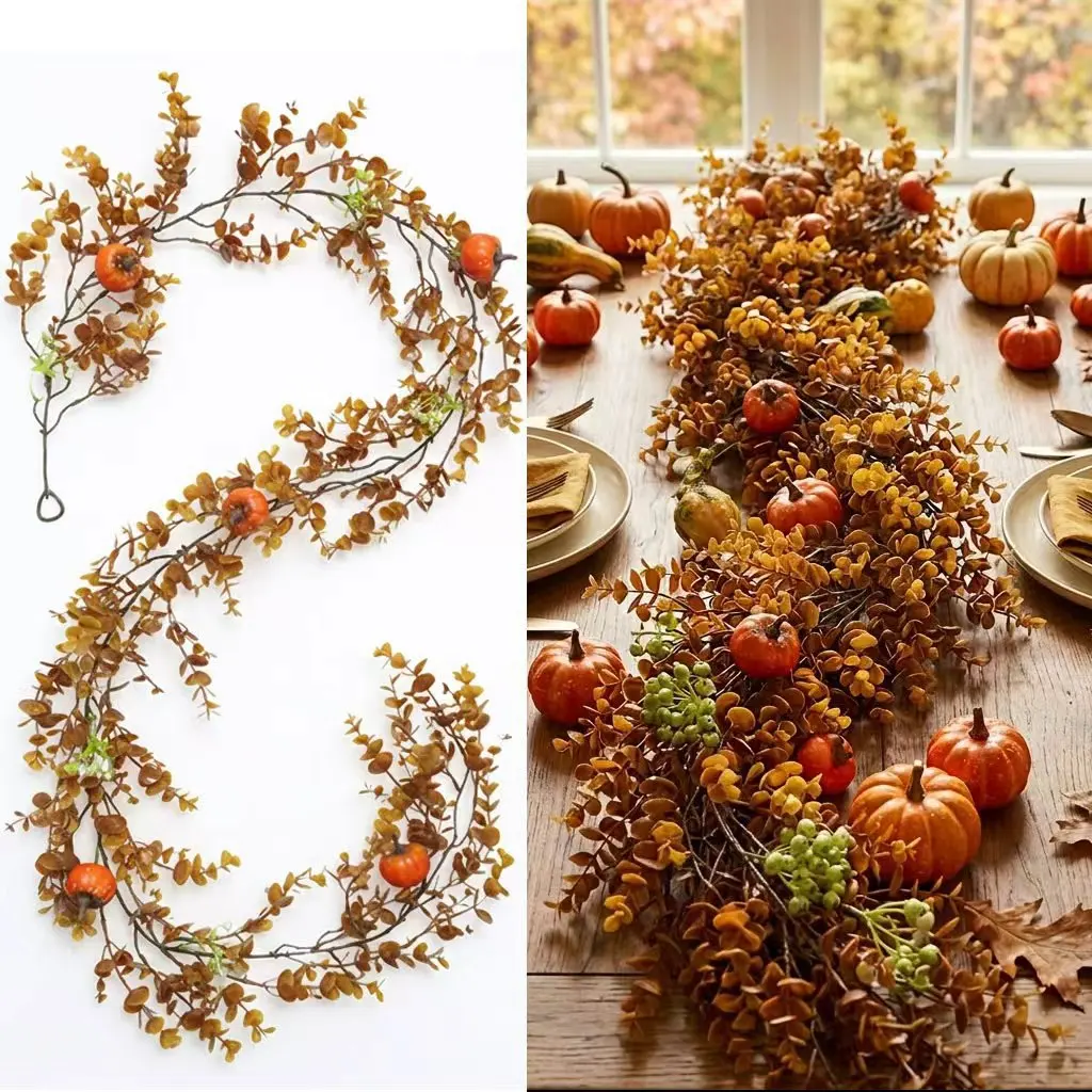 2M Simulated Berry Artificial Pumpkin Plant Fake Plant Creeper Hanging Vine Outdoor DIY Garden Wall Wedding Party Home Decor