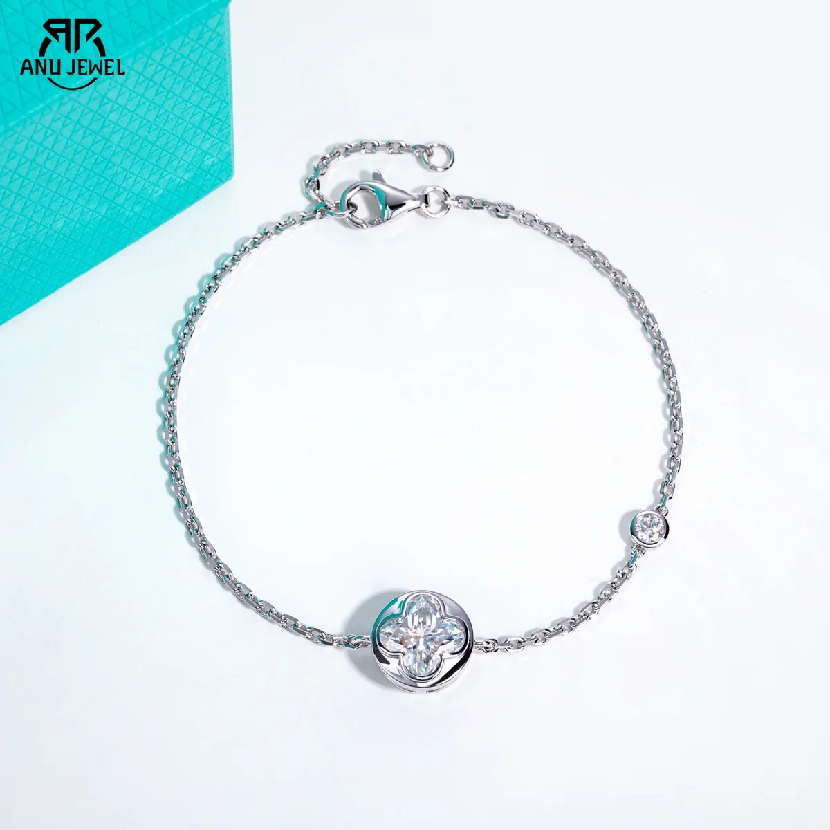 

AnuJewel 2ct (7x7mm) Four-Leaf Clover Cut Moissanite Bezel Bracelet 925 Sterling Silver 16+2cm Bracelets for Women Jewelry Gift