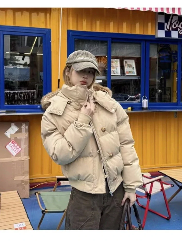 

Female Cropped Puffer Bubble Coat Autumn Winter Fur Hooded Jacket Women Outerwear Thick Cotton Padded Slim Short Parkas