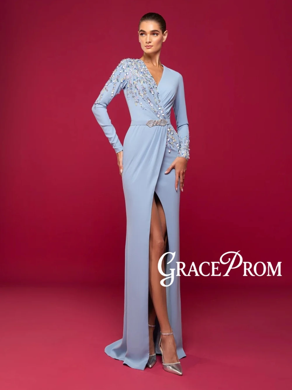 

Light Blue Wrap V Neck Evening Dress Long Sleeve Sequined Beaded Formal Prom Gown With Belt Sexy High Slit Customized Wear