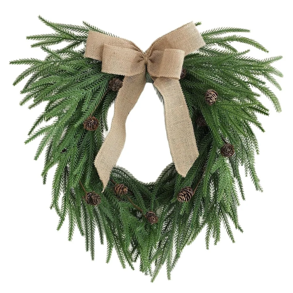Plastic Heart Wreath 50cm with Natural Looking Norfolk Pine Foliage and Stylish Burlap Bow for Indoor Holiday Decor