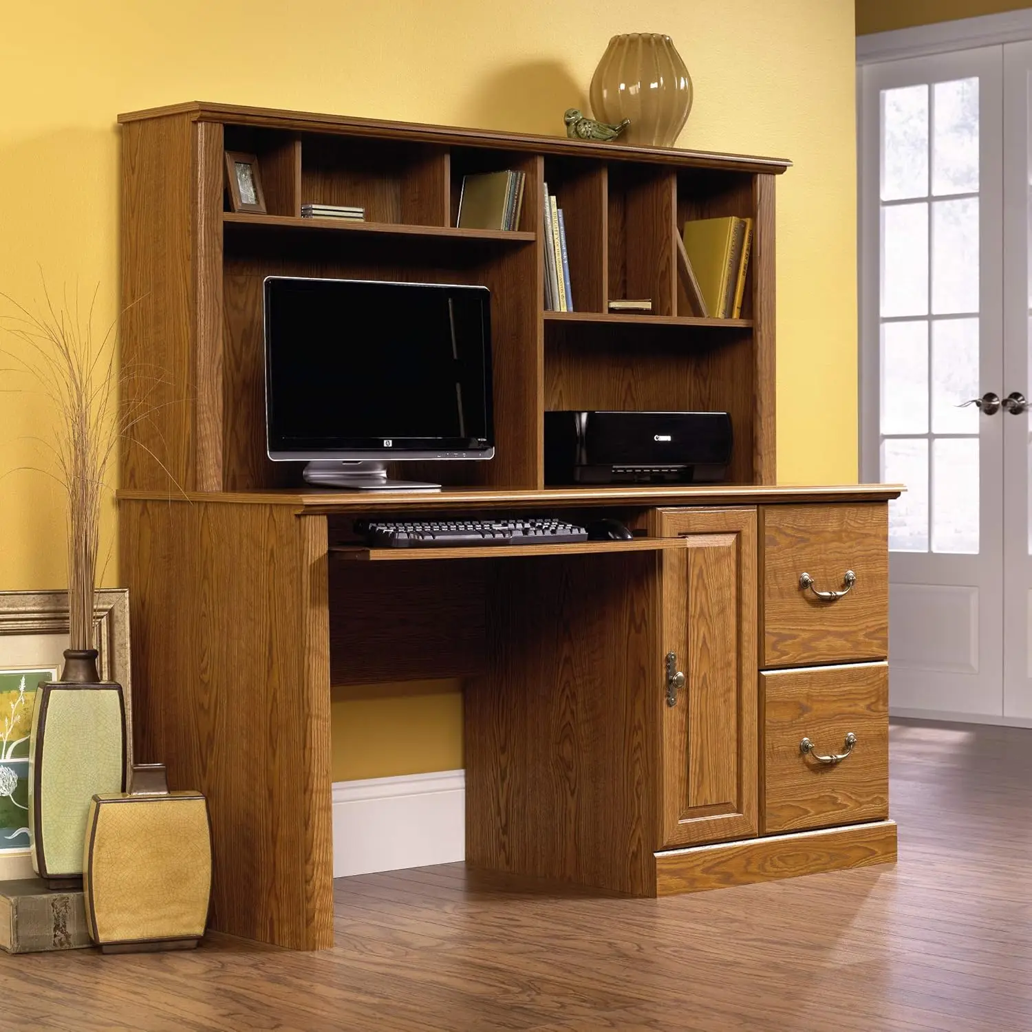 Orchard Hills Computer Desk with Hutch Carolina Oak Finish Mouse Shelf with Metal Runners and Safety Stops