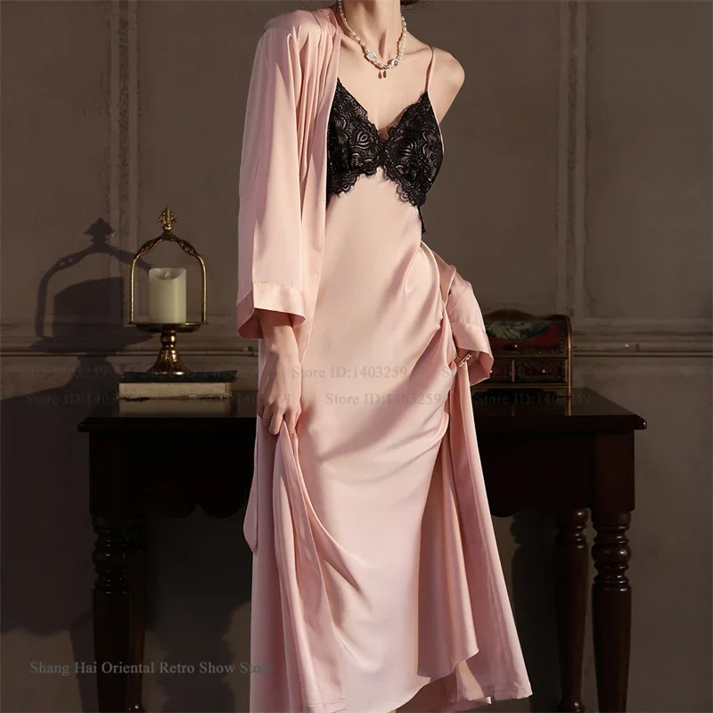 

Spring Summer New Long Robe Nightgown Women Matching Sets Sexy Patchwork Lace Suspender Nightgown Sleepwear Silky Satin Homewear