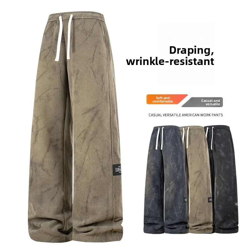 2025 خريف شتاء جديد بلون فضفاض صالح تنوعا الرجال واسعة الساق سراويل تقليدية كسول نمط مستقيم الساق رياضي سراويل طويلة