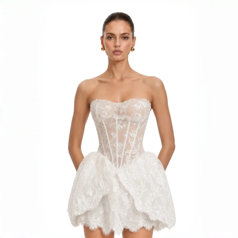 Customizable Women's Strapless Lace Fitted Flared Mini Dress Elegant Prom Party Formal 2026 Trendy Feminine Fashion Dress