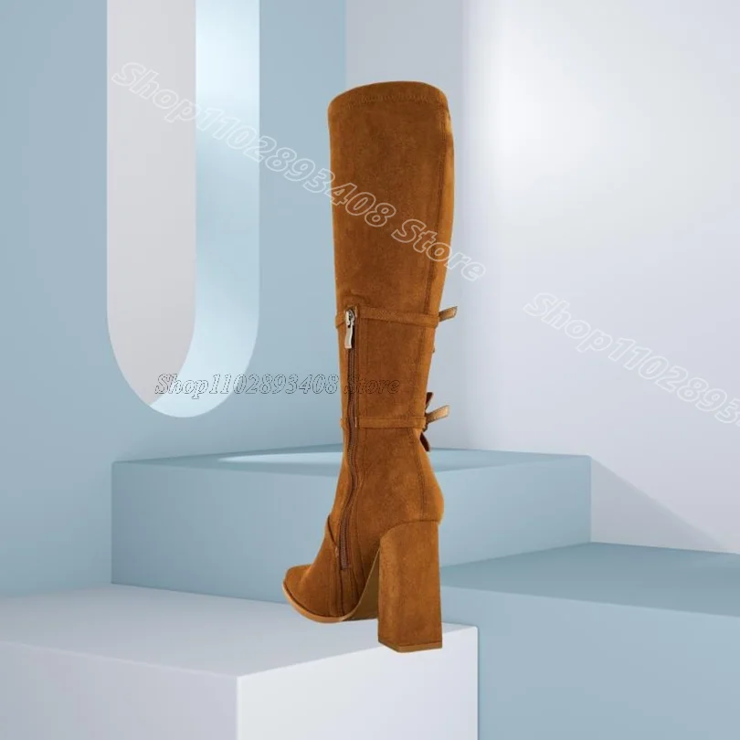 Brown Bowknot Decor Fur Boots Chunky Heels British Style Women Elegant Summer Casual Party Knee Boots 2025 Zapatos Para Mujere