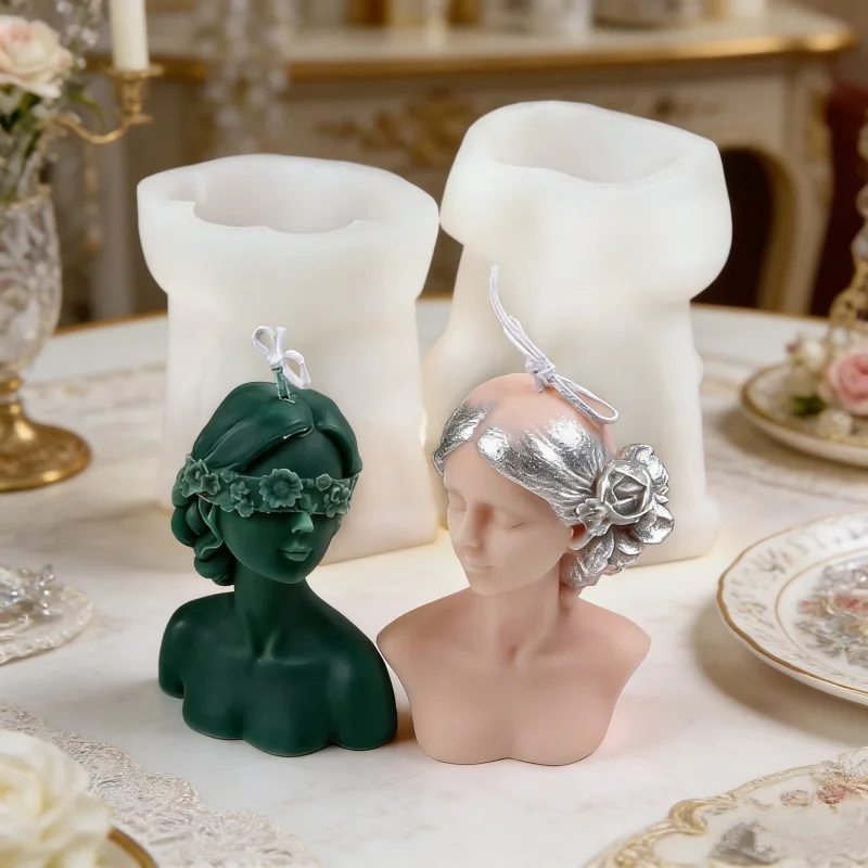 

Elegant Female Bust Silicone Candle Molds 3D Blindfolded Lady & Rose-Adorned Goddess Sculptures Soft Resin Mold Luxury Home Dec