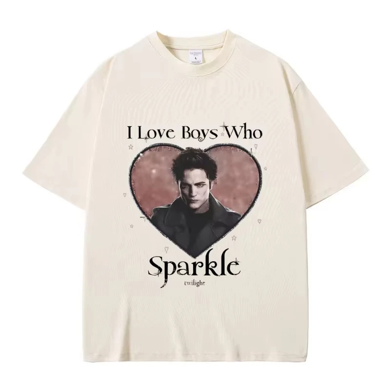 Camiseta Gráfica Vintage Oversized do Filme Crepúsculo: Eu Amo Meninos Que Brilham, com Robert Pattinson e Edward Cullen, para Homens e Mulheres