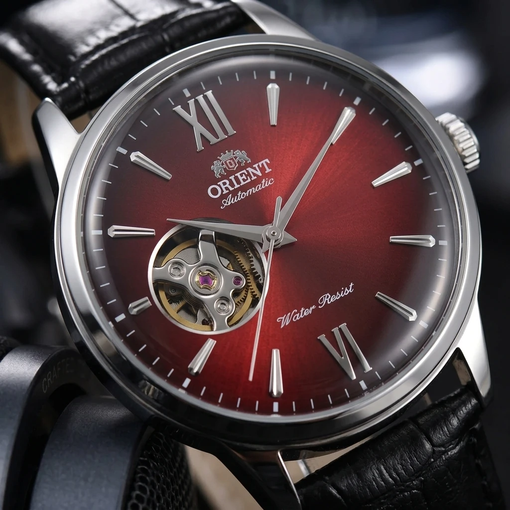 Orient Men Open Heart Skeleton Automatic Watch Green Dial Leather Strap Waterproof Business Formal Mechanical Wristwatch view 2