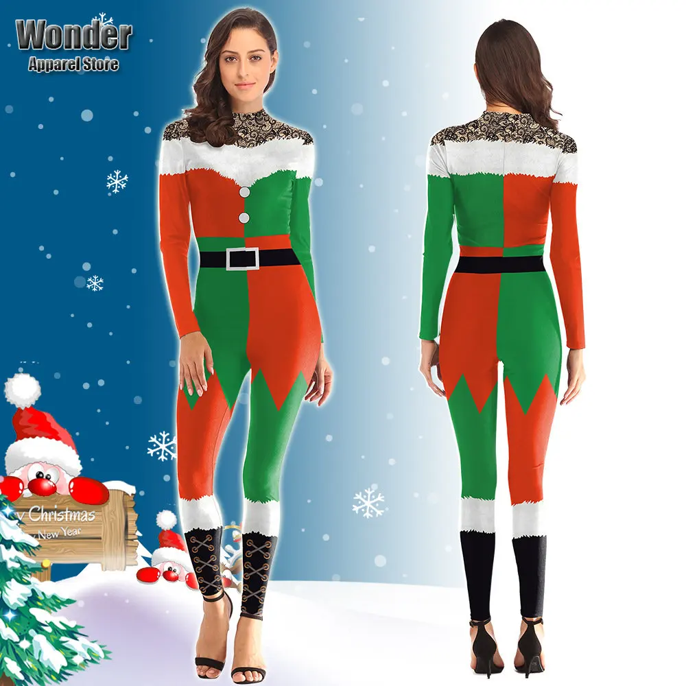 

Women Christmas Xmas New Year 3D Printing Jumpsuit Adult Halloween Cosplay Costumes Party Role Playing Dress Up Outfit